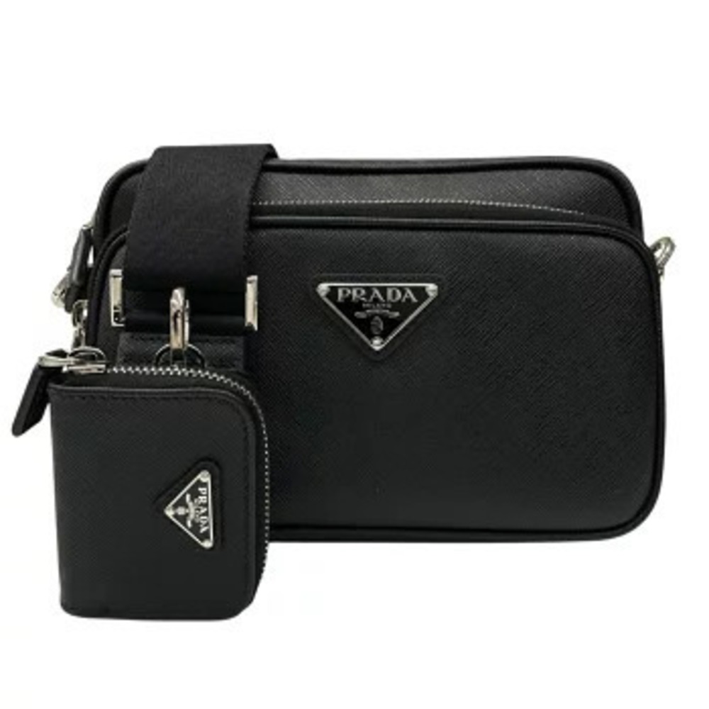 Prada Saffiano Leather Shoulder Bag Triangle Pouch Clutch Black
